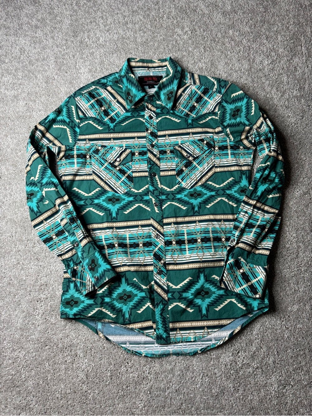Southwestern-Print Teal Long-Sleeve Snap Button-Down Shirt